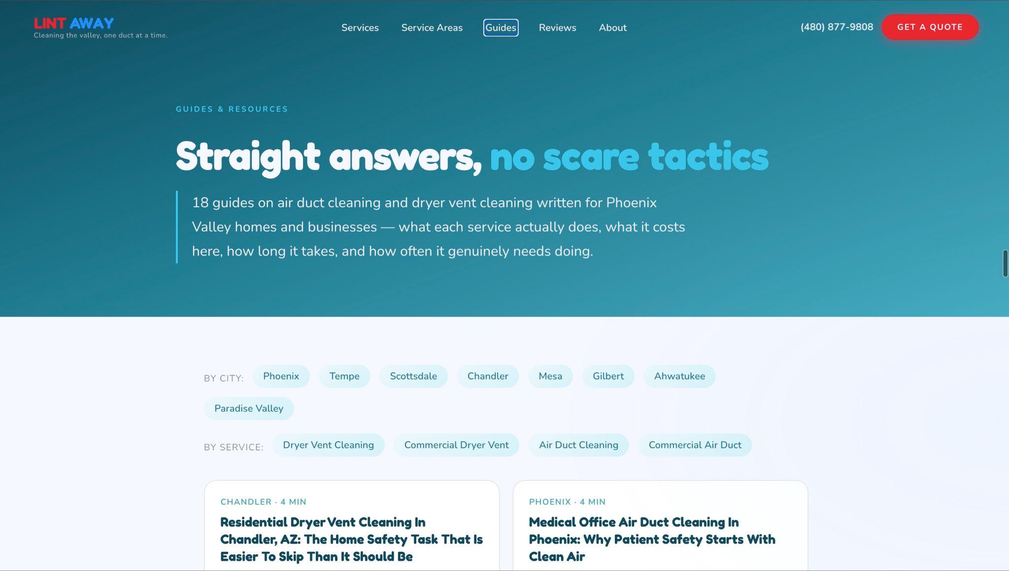 Lint Away guides and blog library page listing city and service guides